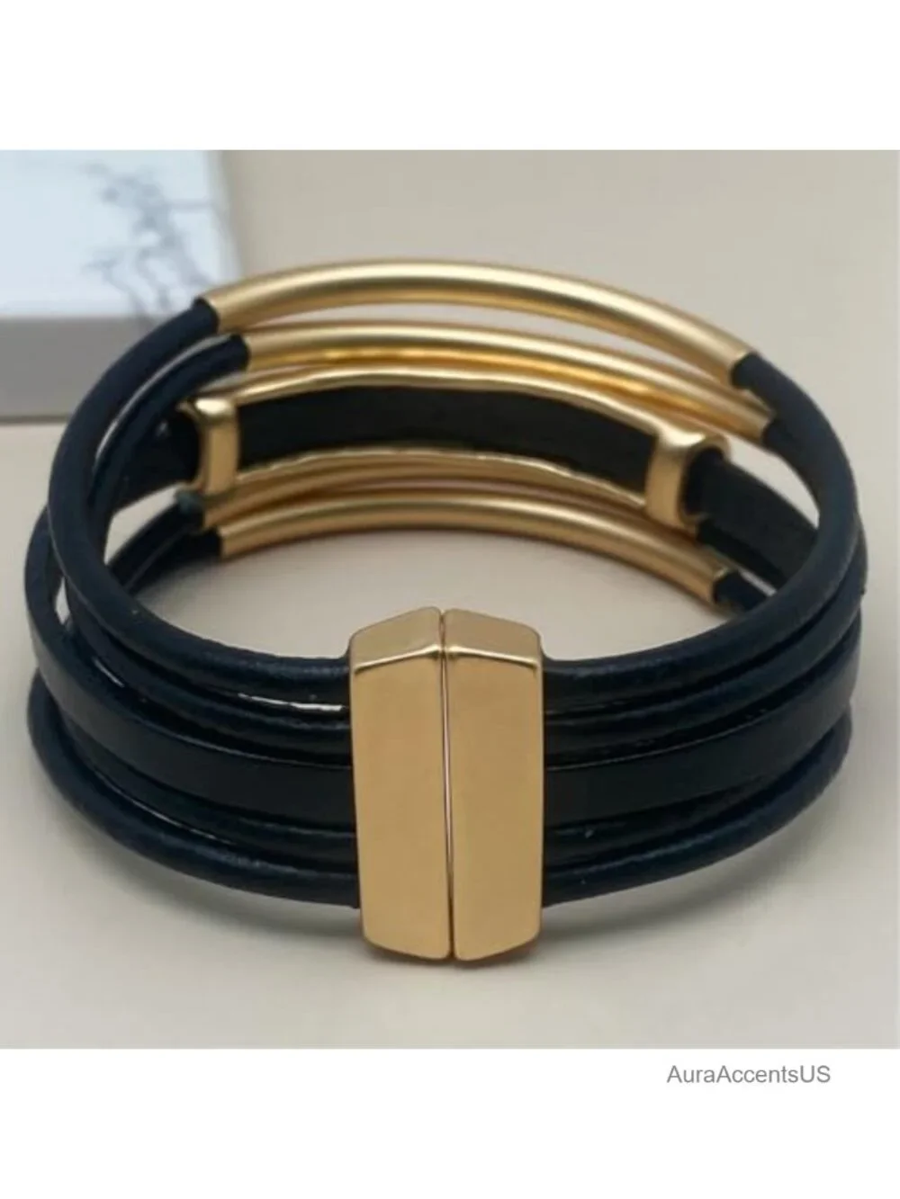 Leather Wrap Bangle Bracelet Gold Plated Boho Cuff Women Gift